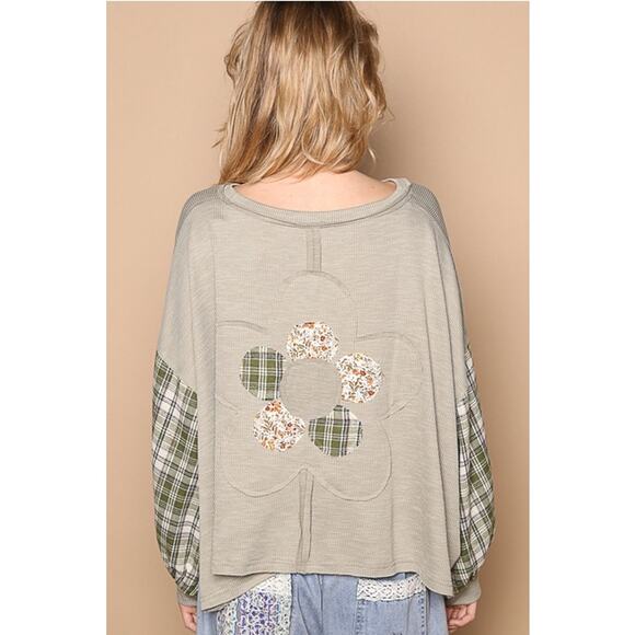 POL Dusky Sage Size Small Round Neck Plaid Sleeve Floral Print Ribbed Top - Picture 4 of 5